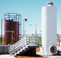 An illustration depicting a De-Aeration tower and a Decarbonation tower in a water treatment system, highlighting their processes and benefits in removing CO2 and O2 from water.
