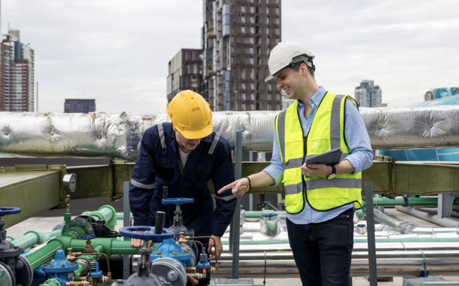 Workers inspecting pipe at facility